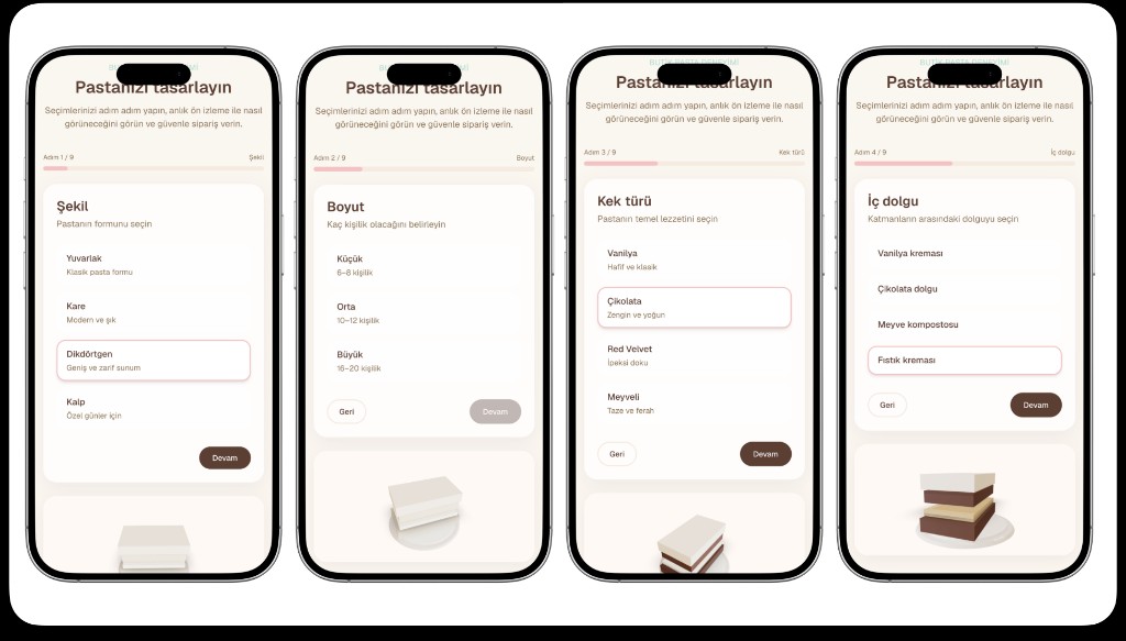 Cake App yüksek sadakat özelleştirme ekranları
